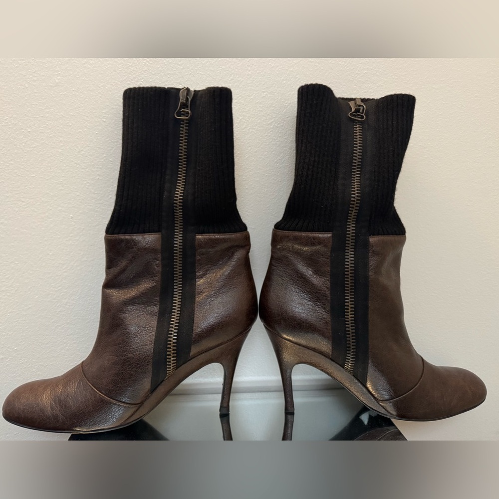 Stella McCartney Boots Brown Vegan Leather Black Wool Zip Stiletto Heel 37 US 7